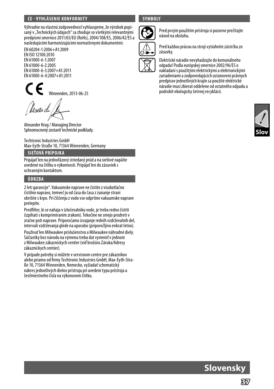 Deutsch, Slovensky | Milwaukee VP 6 User Manual | Page 39 / 44