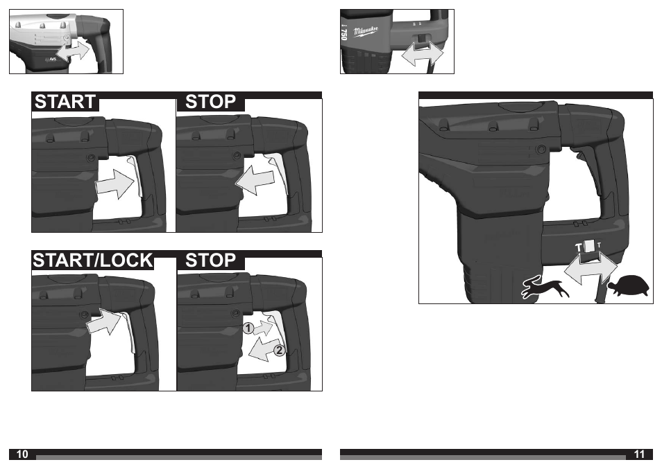 Start/lock stop start stop | Milwaukee 750 S User Manual | Page 6 / 37