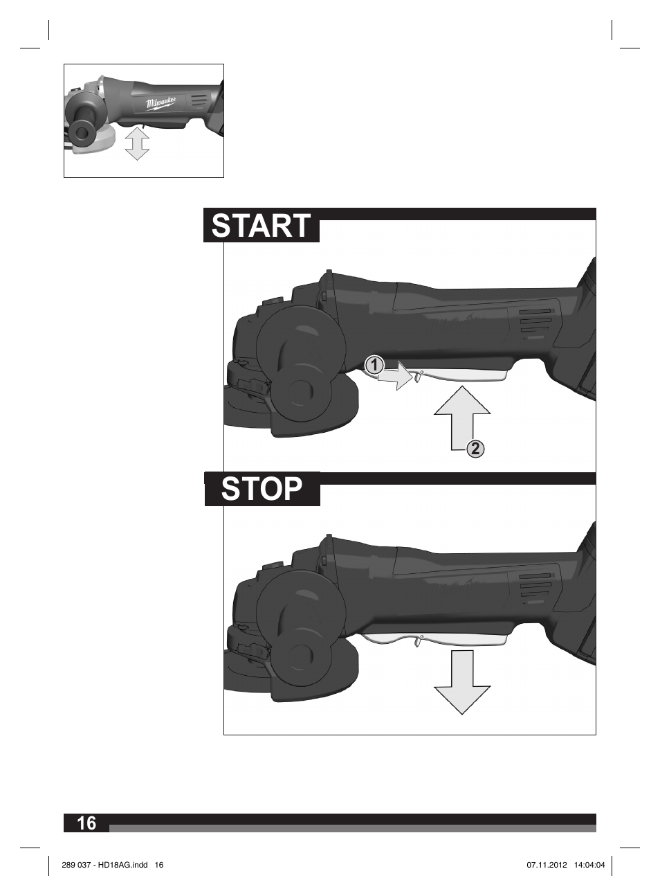 Start stop | Milwaukee HD 18 AG User Manual | Page 16 / 100