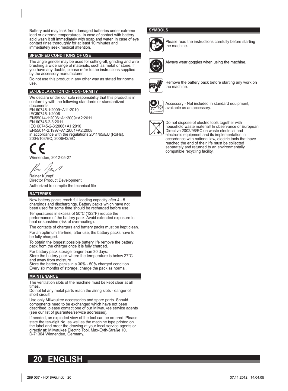 English | Milwaukee HD 18 AG User Manual | Page 20 / 100