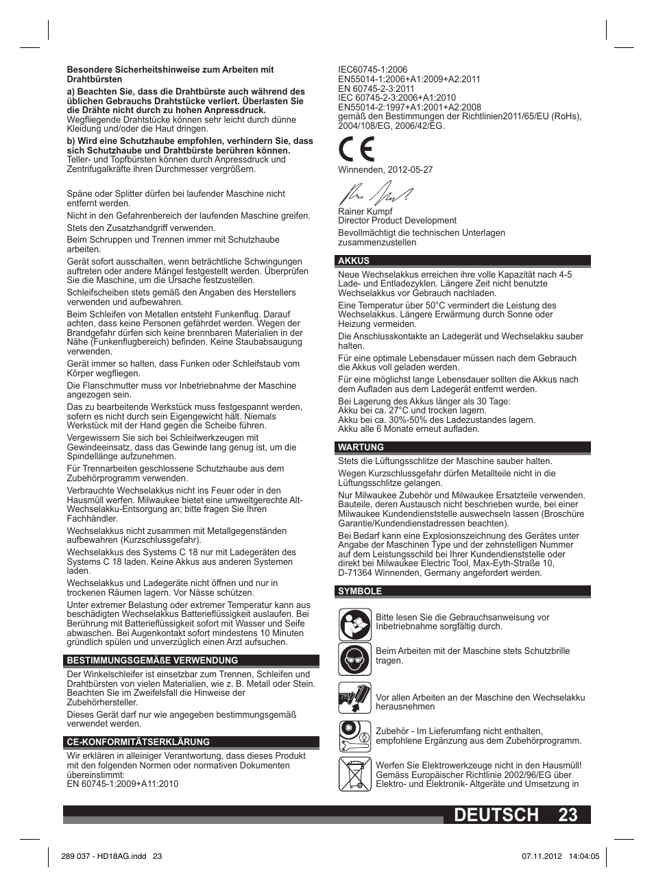 Deutsch | Milwaukee HD 18 AG User Manual | Page 23 / 100