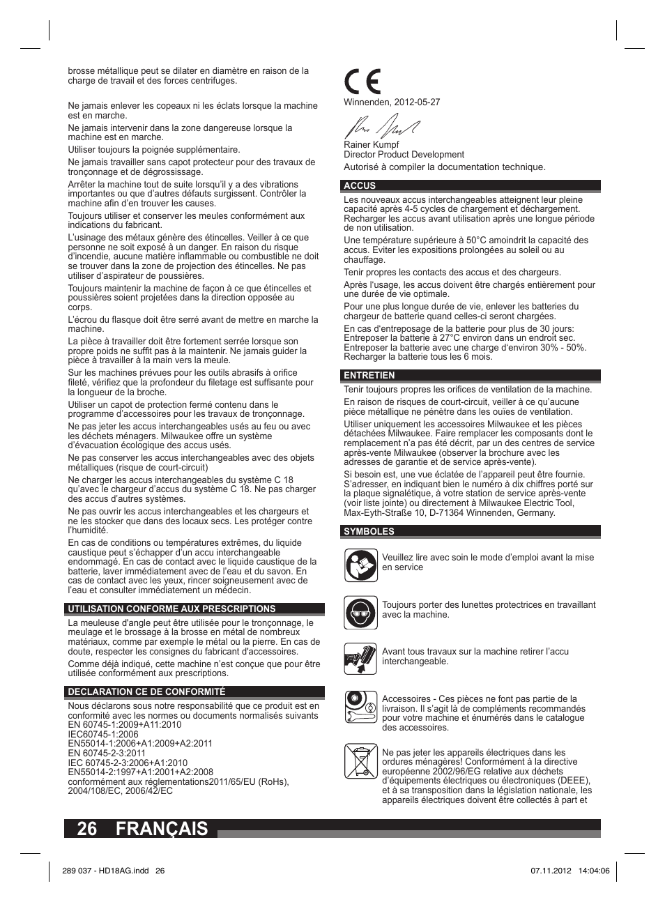 Français | Milwaukee HD 18 AG User Manual | Page 26 / 100