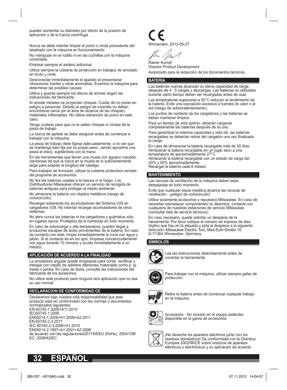 Español | Milwaukee HD 18 AG User Manual | Page 32 / 100