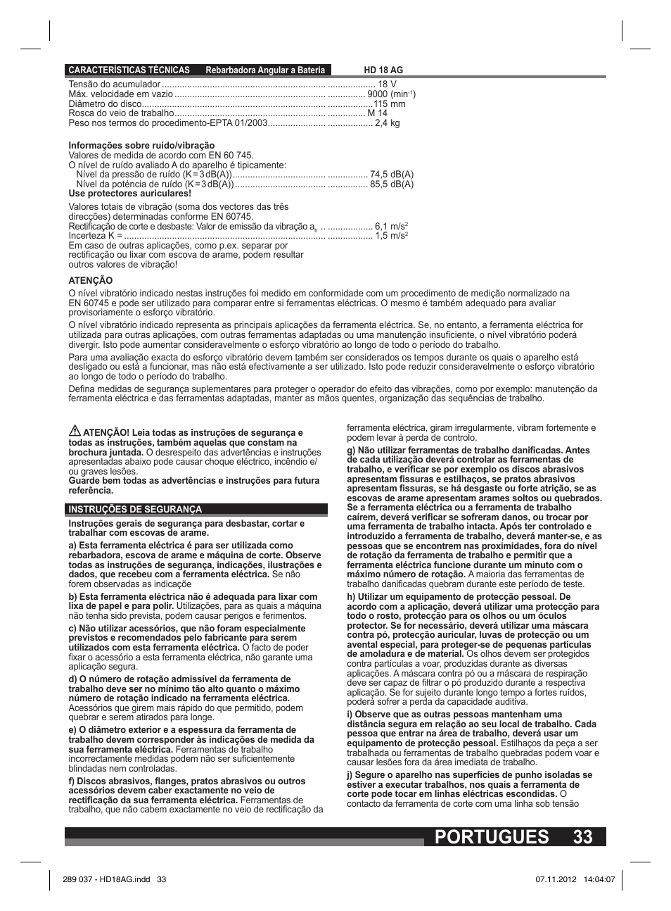 Portugues | Milwaukee HD 18 AG User Manual | Page 33 / 100