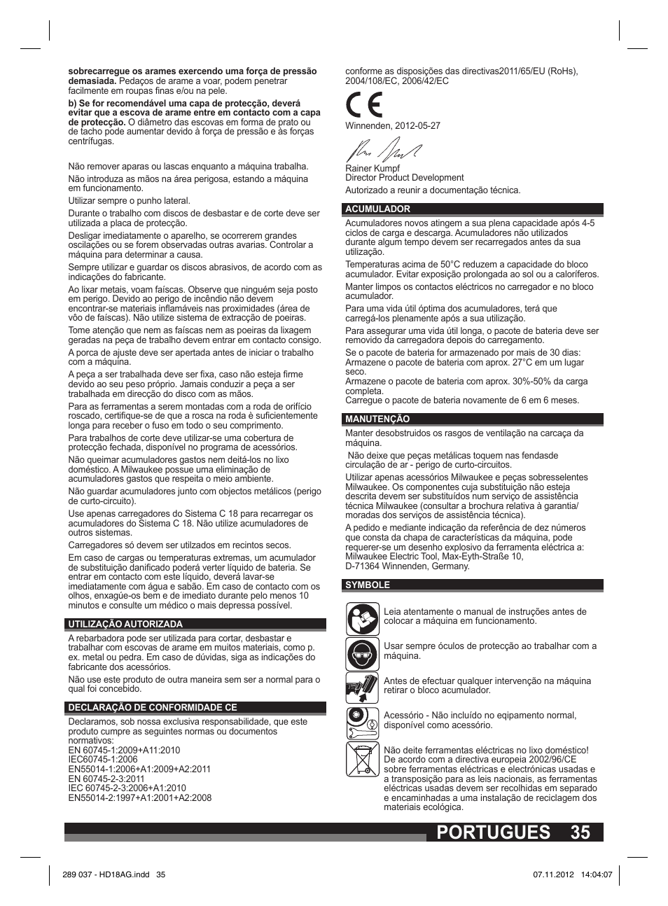 Portugues | Milwaukee HD 18 AG User Manual | Page 35 / 100