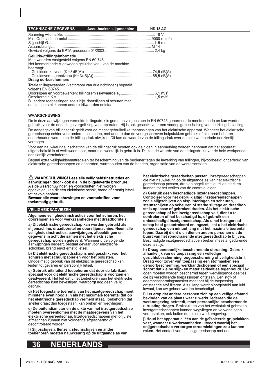 Nederlands | Milwaukee HD 18 AG User Manual | Page 36 / 100