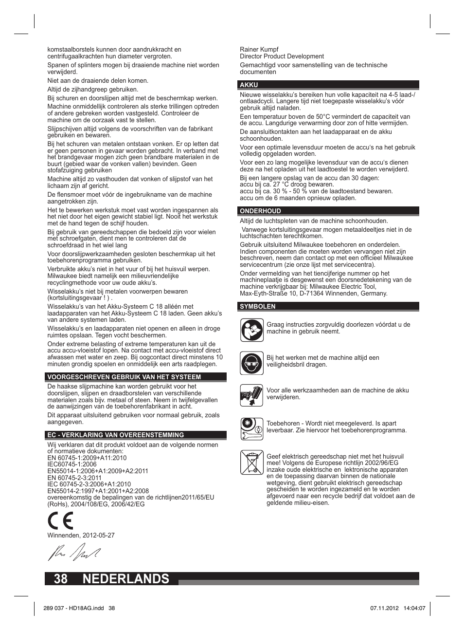 Nederlands | Milwaukee HD 18 AG User Manual | Page 38 / 100