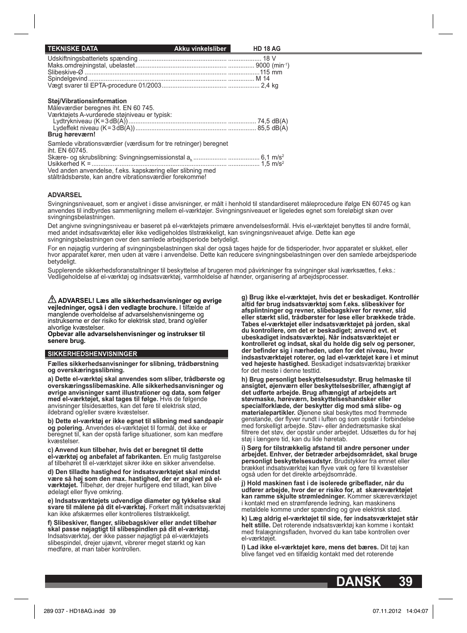 Dansk | Milwaukee HD 18 AG User Manual | Page 39 / 100