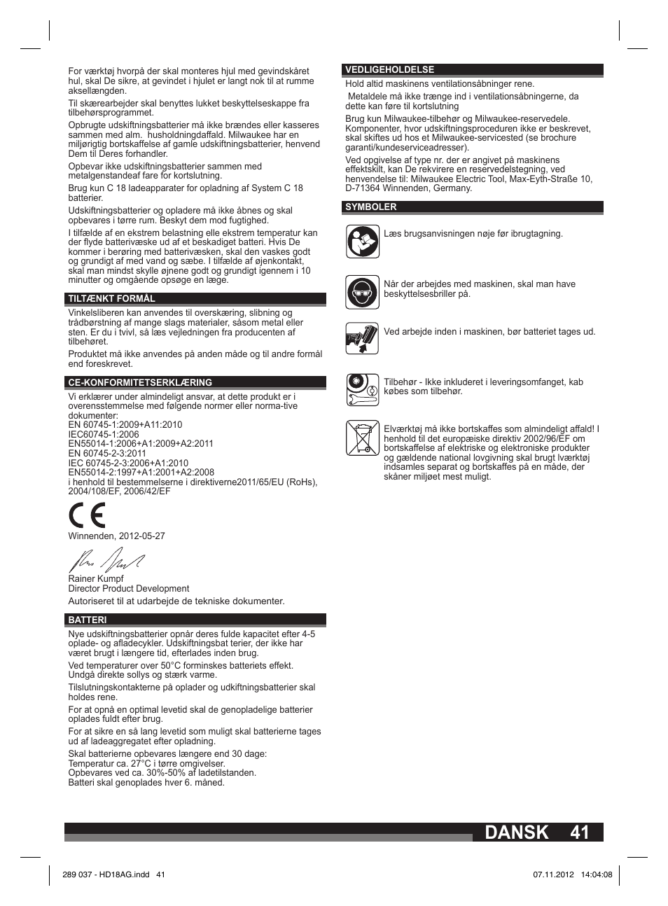 41 dansk | Milwaukee HD 18 AG User Manual | Page 41 / 100