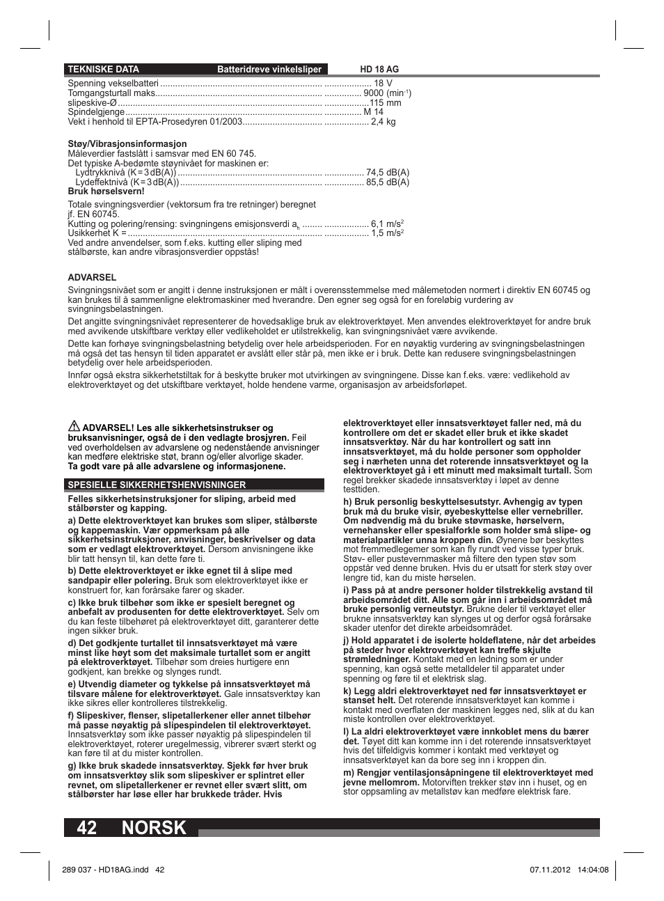 Norsk | Milwaukee HD 18 AG User Manual | Page 42 / 100