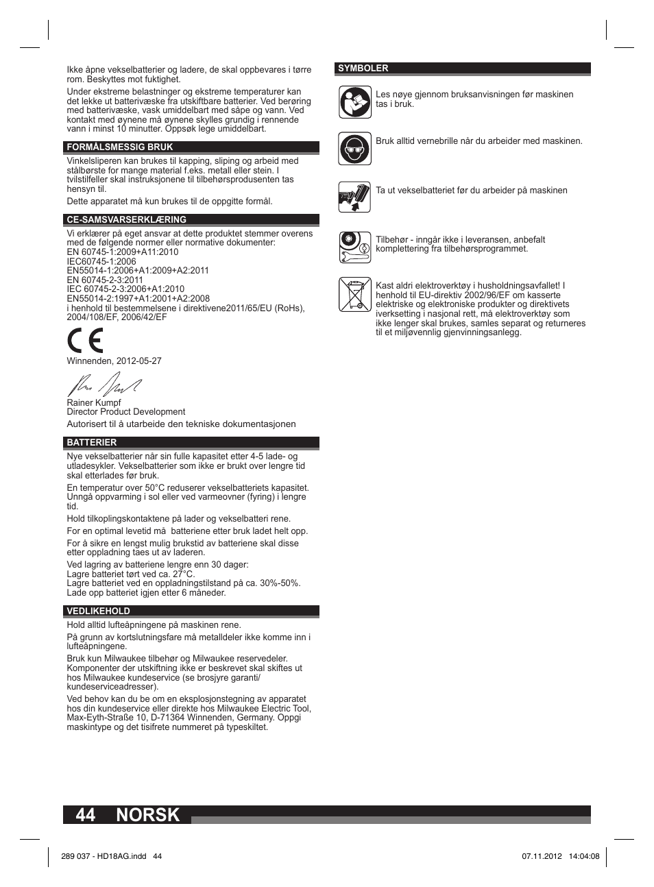 Norsk | Milwaukee HD 18 AG User Manual | Page 44 / 100