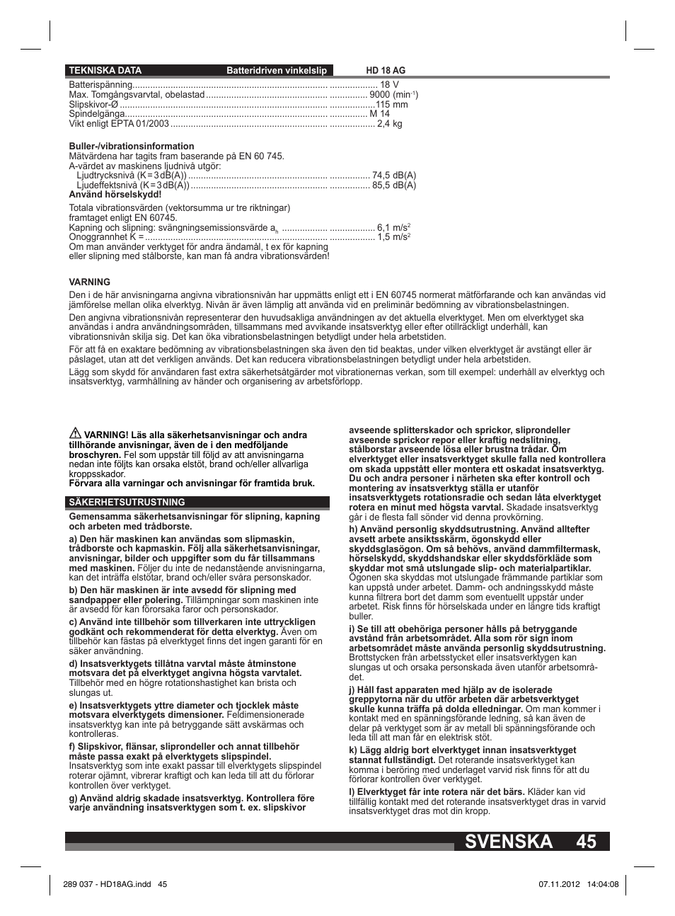 Svenska | Milwaukee HD 18 AG User Manual | Page 45 / 100