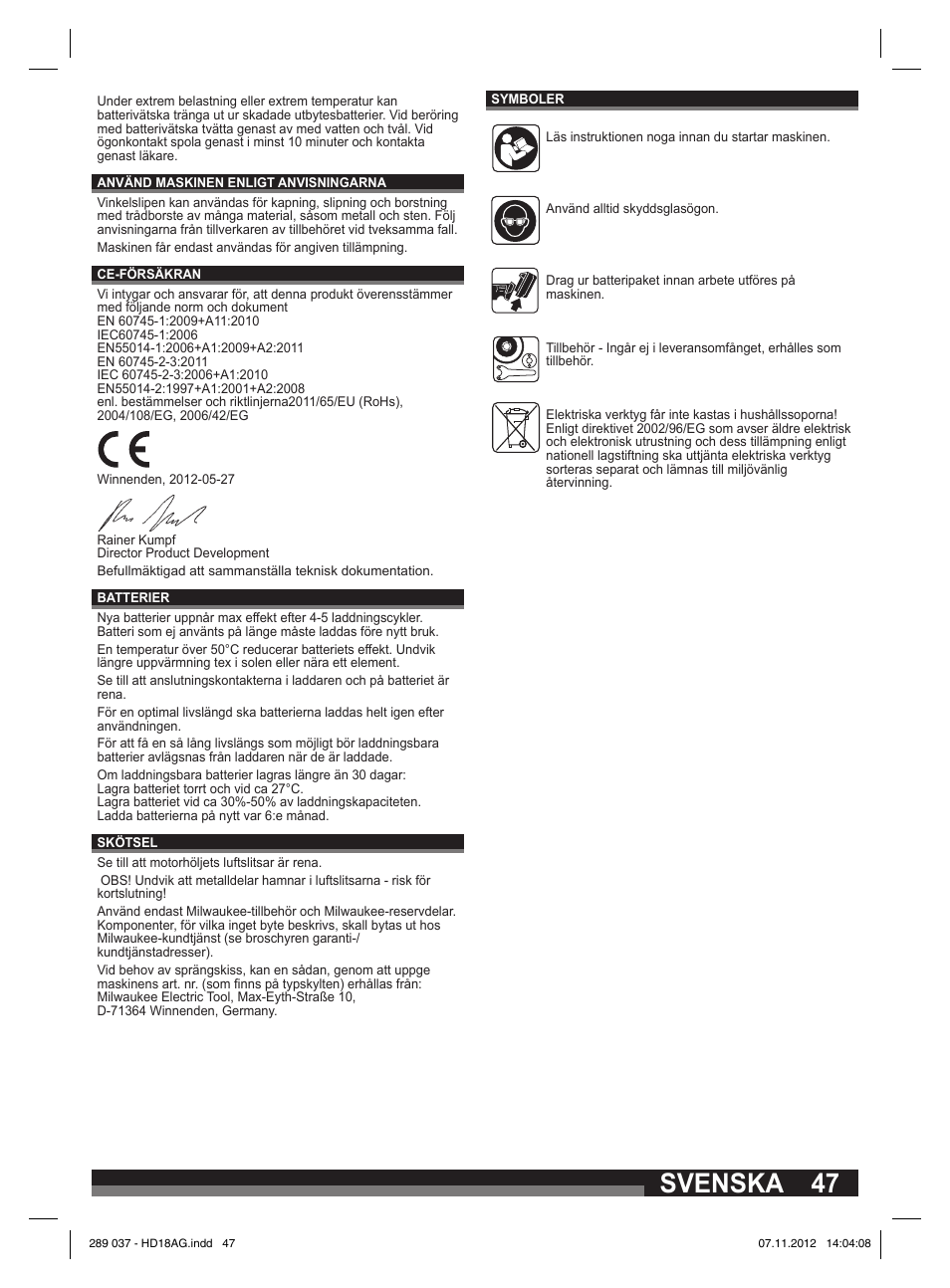 Svenska | Milwaukee HD 18 AG User Manual | Page 47 / 100