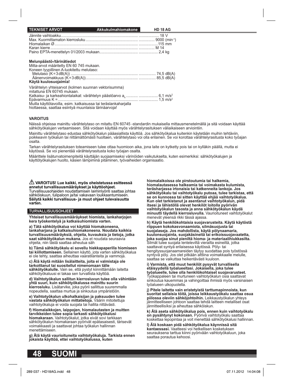 Suomi | Milwaukee HD 18 AG User Manual | Page 48 / 100