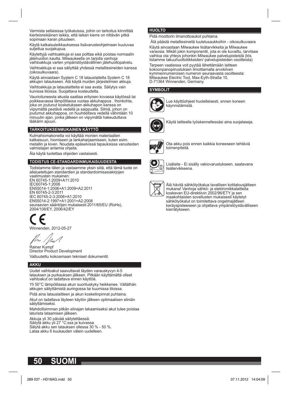 Suomi | Milwaukee HD 18 AG User Manual | Page 50 / 100