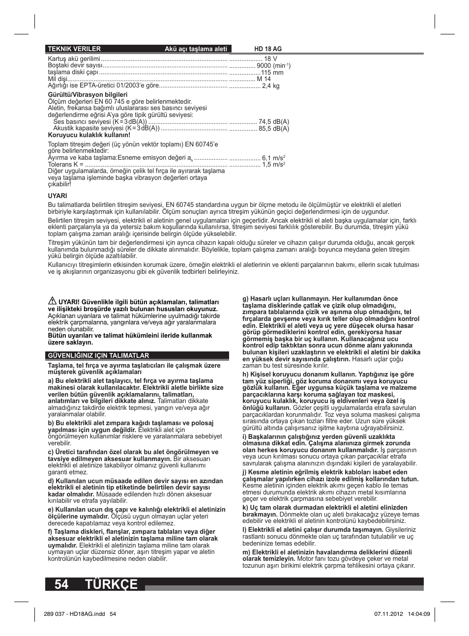 Türkçe | Milwaukee HD 18 AG User Manual | Page 54 / 100