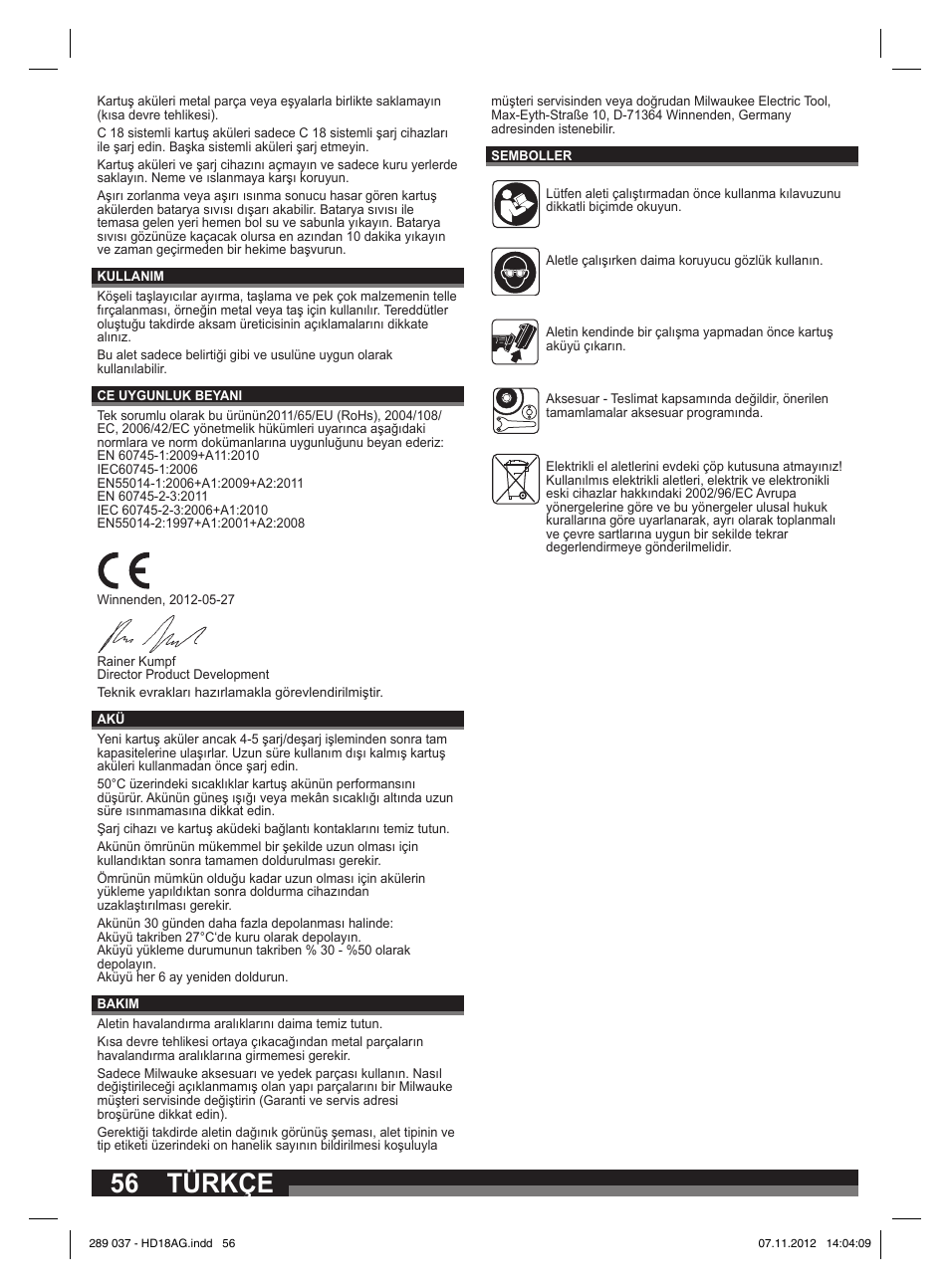 Türkçe | Milwaukee HD 18 AG User Manual | Page 56 / 100