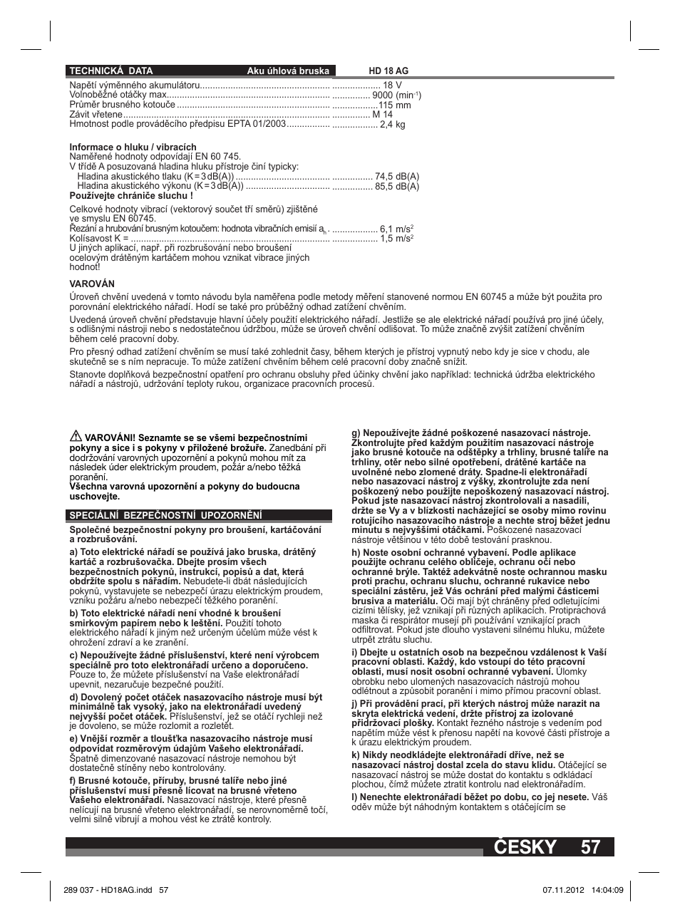 Česky | Milwaukee HD 18 AG User Manual | Page 57 / 100