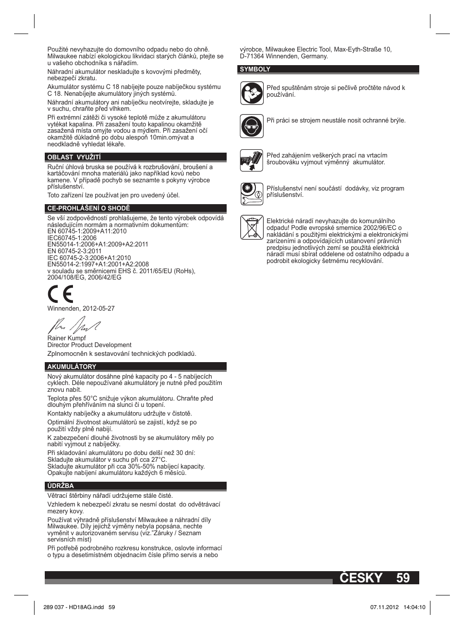 Česky | Milwaukee HD 18 AG User Manual | Page 59 / 100