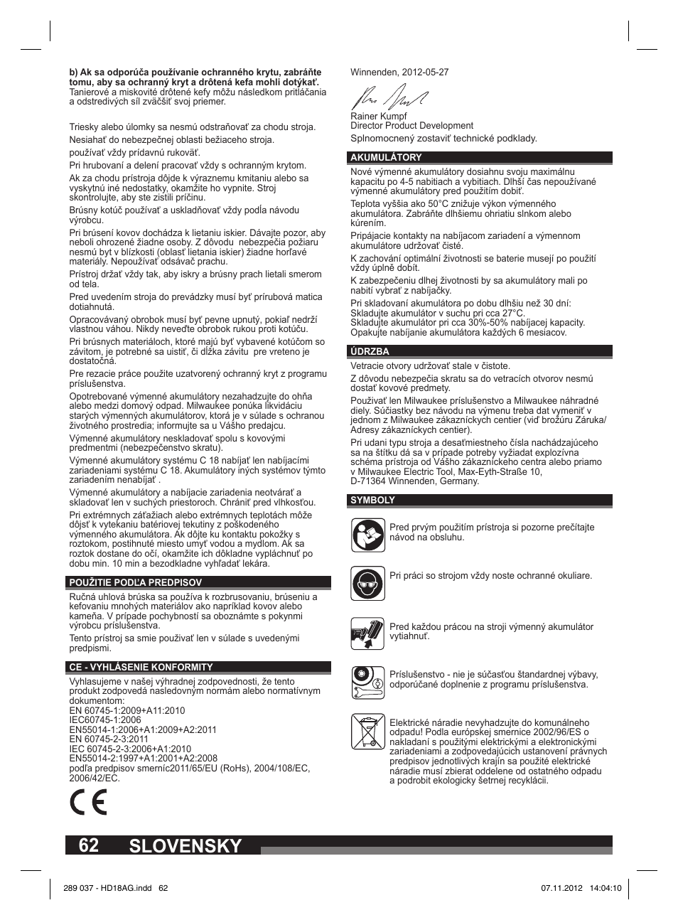 Slovensky | Milwaukee HD 18 AG User Manual | Page 62 / 100