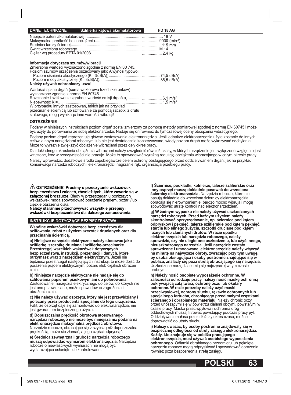 Polski | Milwaukee HD 18 AG User Manual | Page 63 / 100