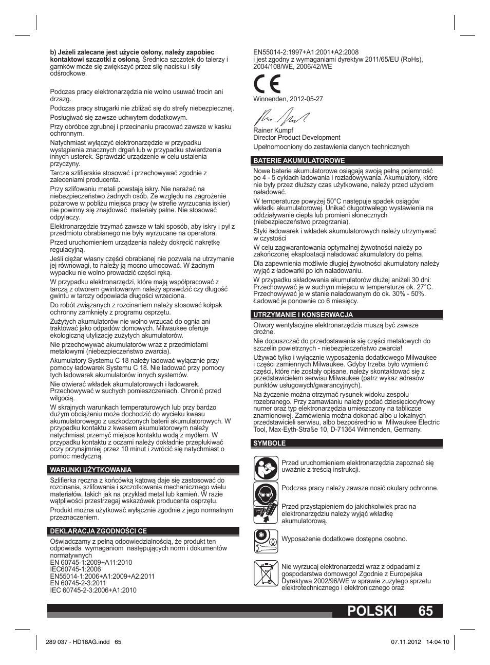 Polski | Milwaukee HD 18 AG User Manual | Page 65 / 100