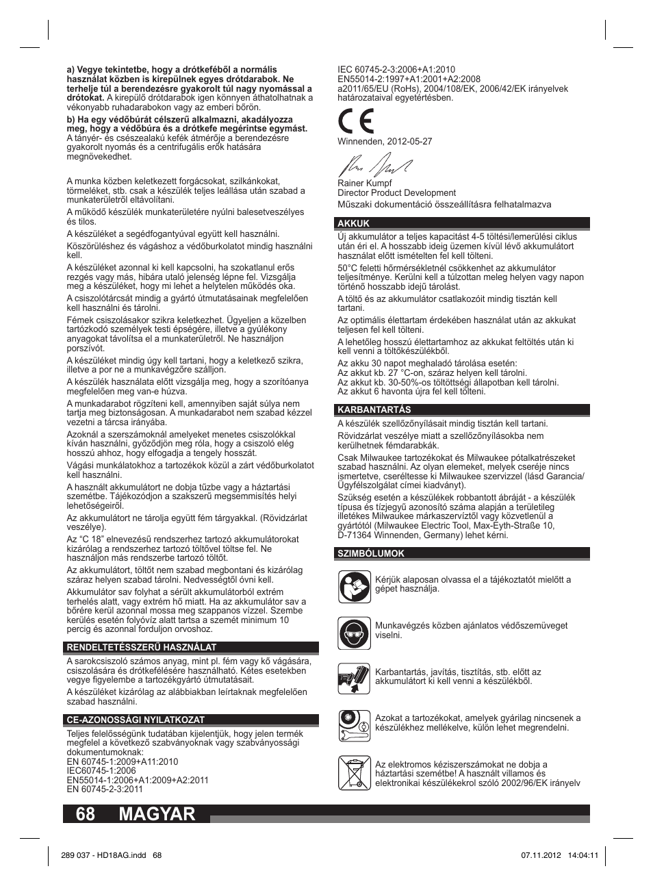 Magyar | Milwaukee HD 18 AG User Manual | Page 68 / 100