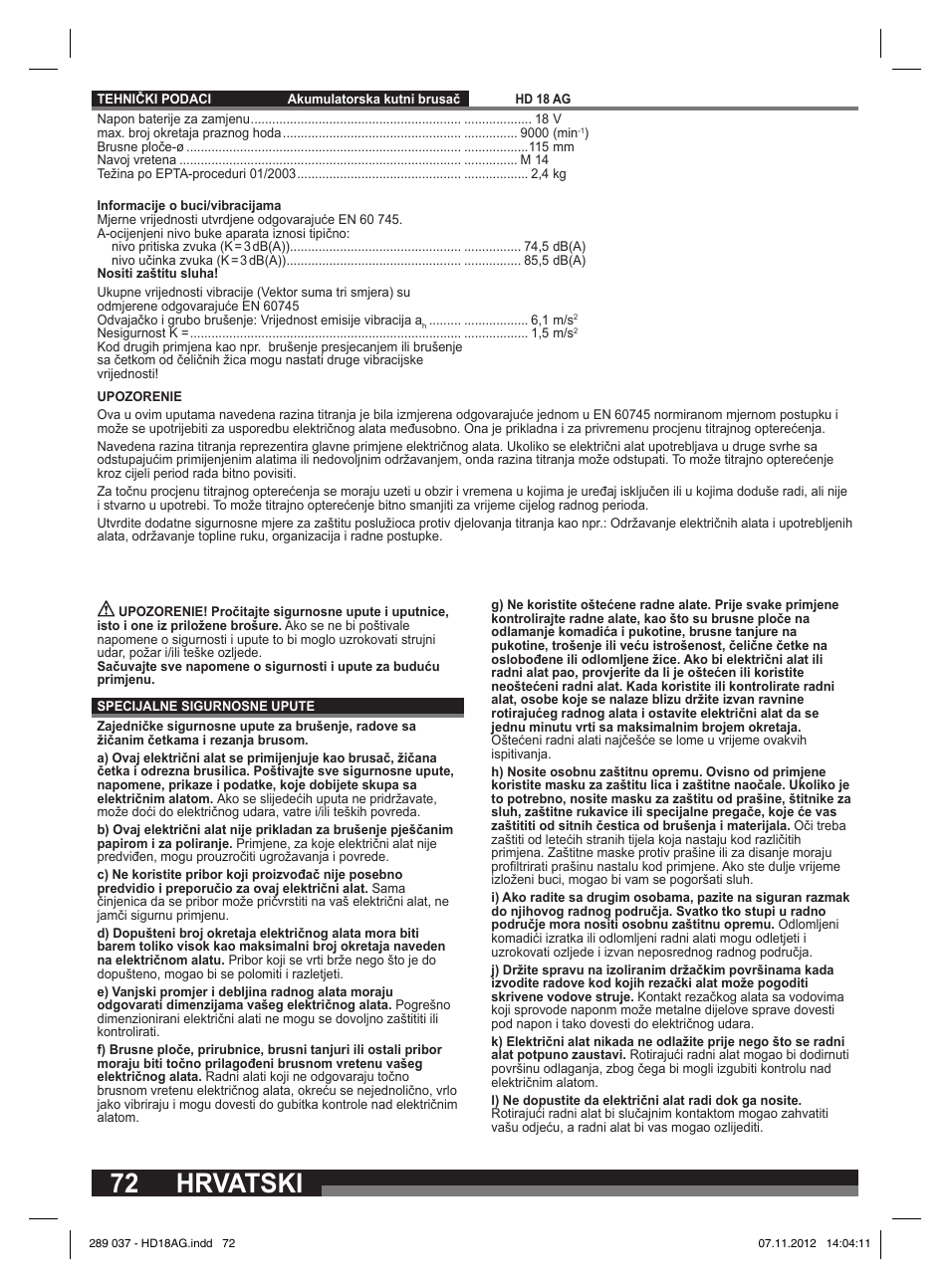 Hrvatski | Milwaukee HD 18 AG User Manual | Page 72 / 100