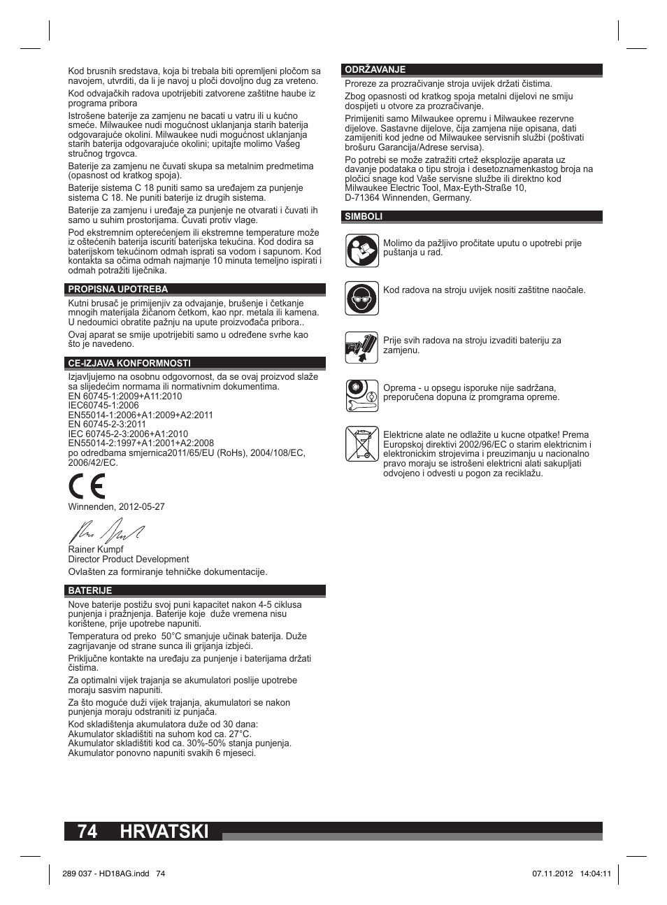 74 hrvatski | Milwaukee HD 18 AG User Manual | Page 74 / 100