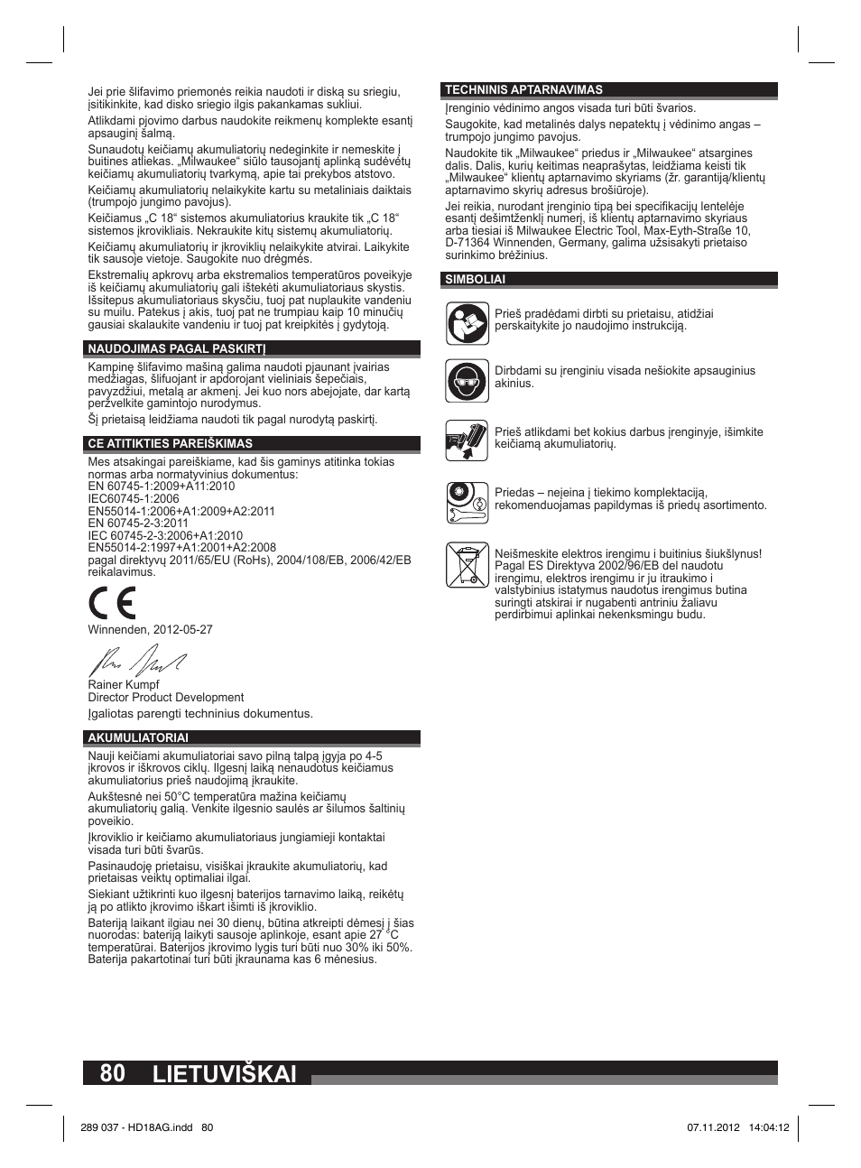 Lietuviškai | Milwaukee HD 18 AG User Manual | Page 80 / 100