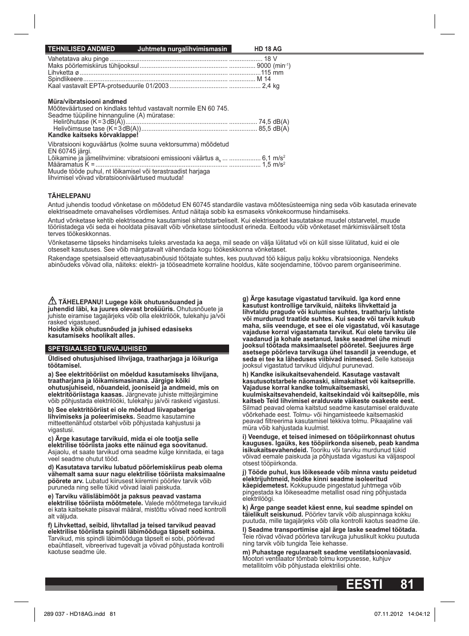 Eesti | Milwaukee HD 18 AG User Manual | Page 81 / 100