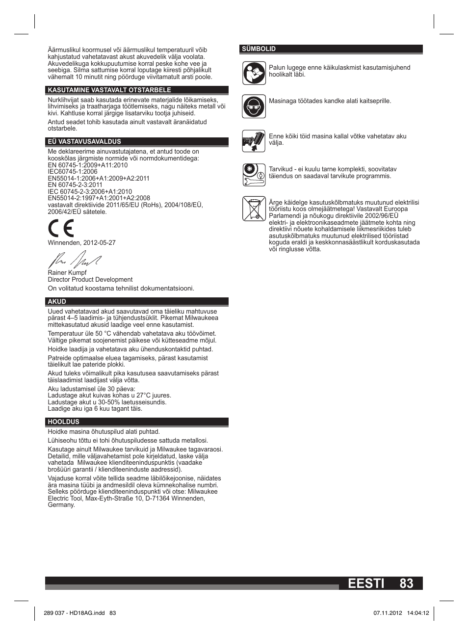 Eesti | Milwaukee HD 18 AG User Manual | Page 83 / 100