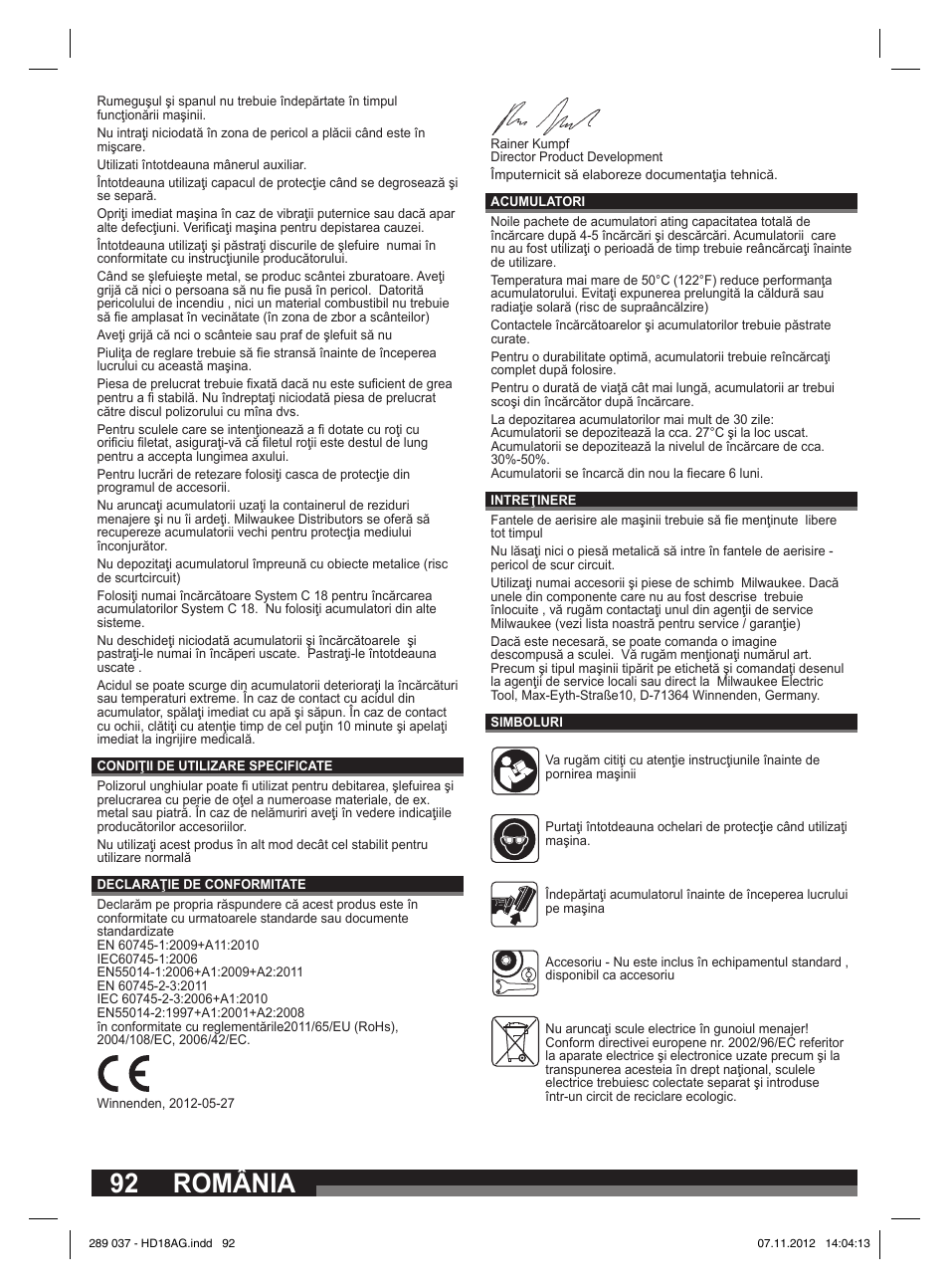 92 românia | Milwaukee HD 18 AG User Manual | Page 92 / 100