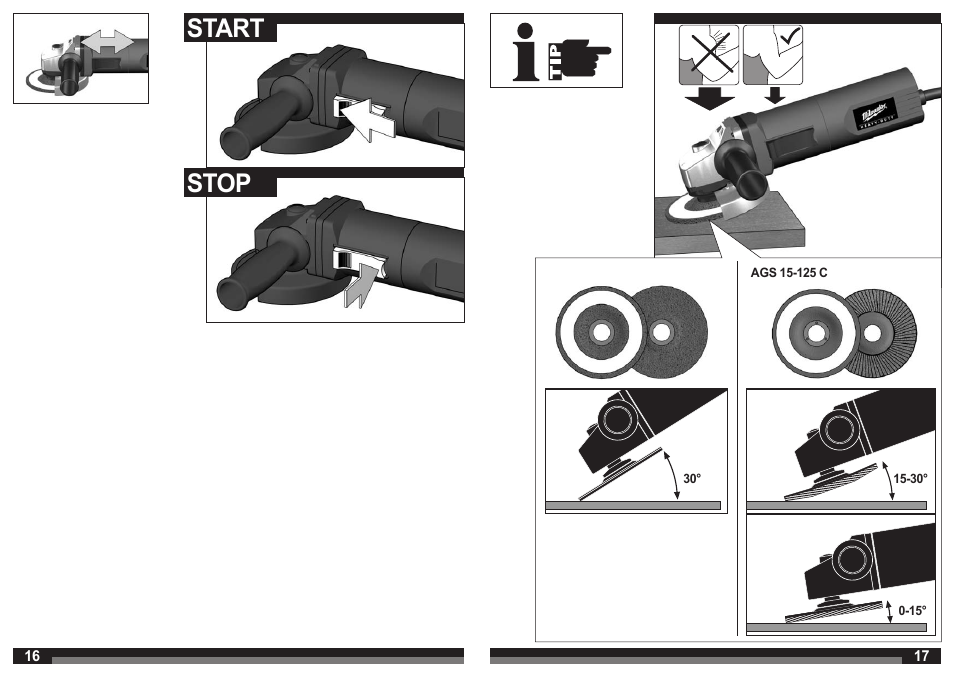 Start stop | Milwaukee AGS 15-125 C User Manual | Page 9 / 25