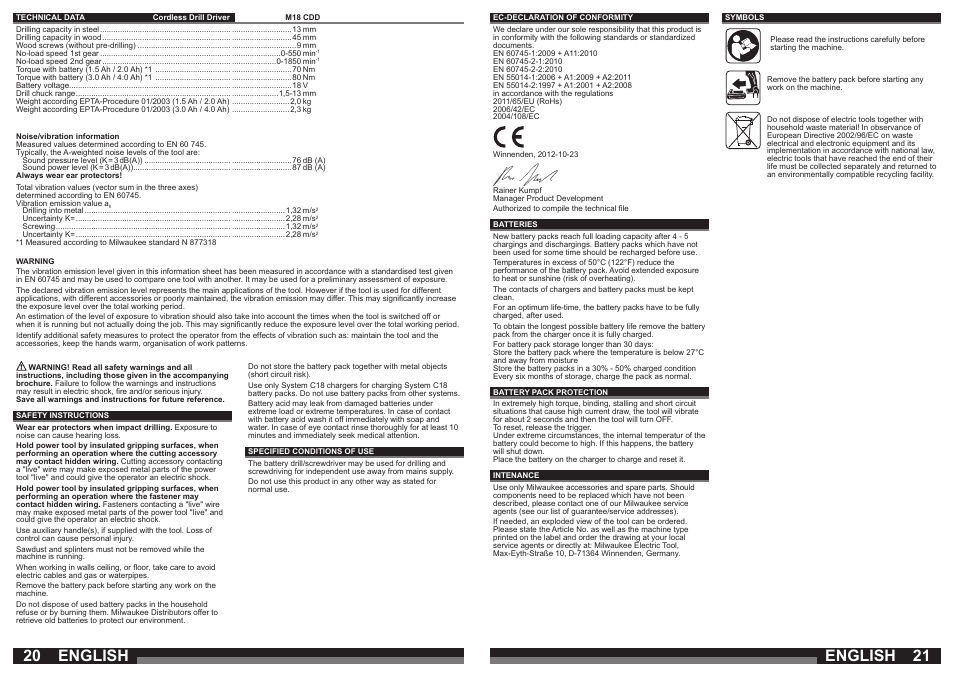 English | Milwaukee M18 CDD User Manual | Page 11 / 38