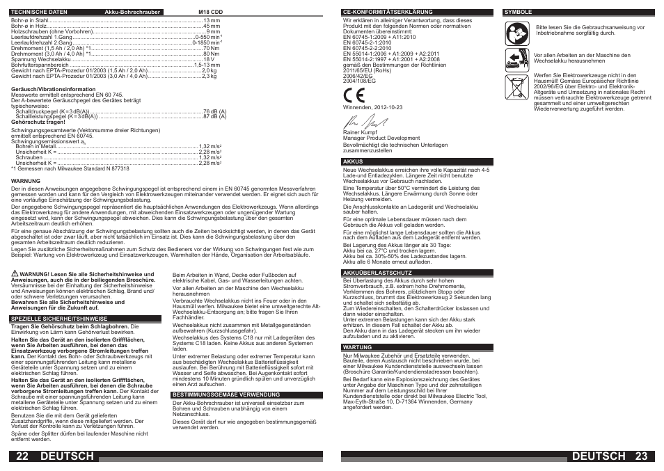 Deutsch | Milwaukee M18 CDD User Manual | Page 12 / 38