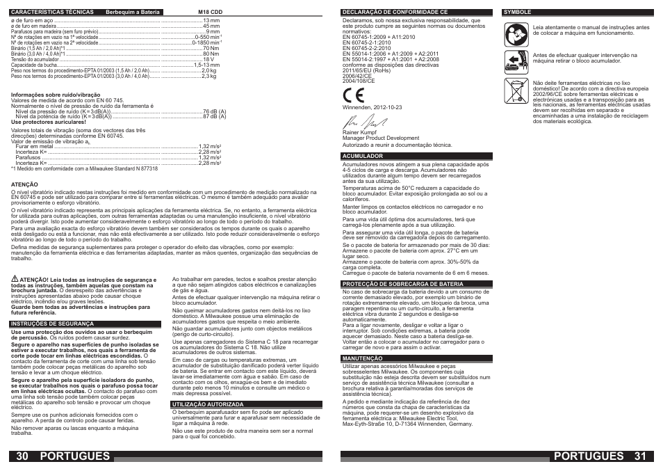 Portugues | Milwaukee M18 CDD User Manual | Page 16 / 38