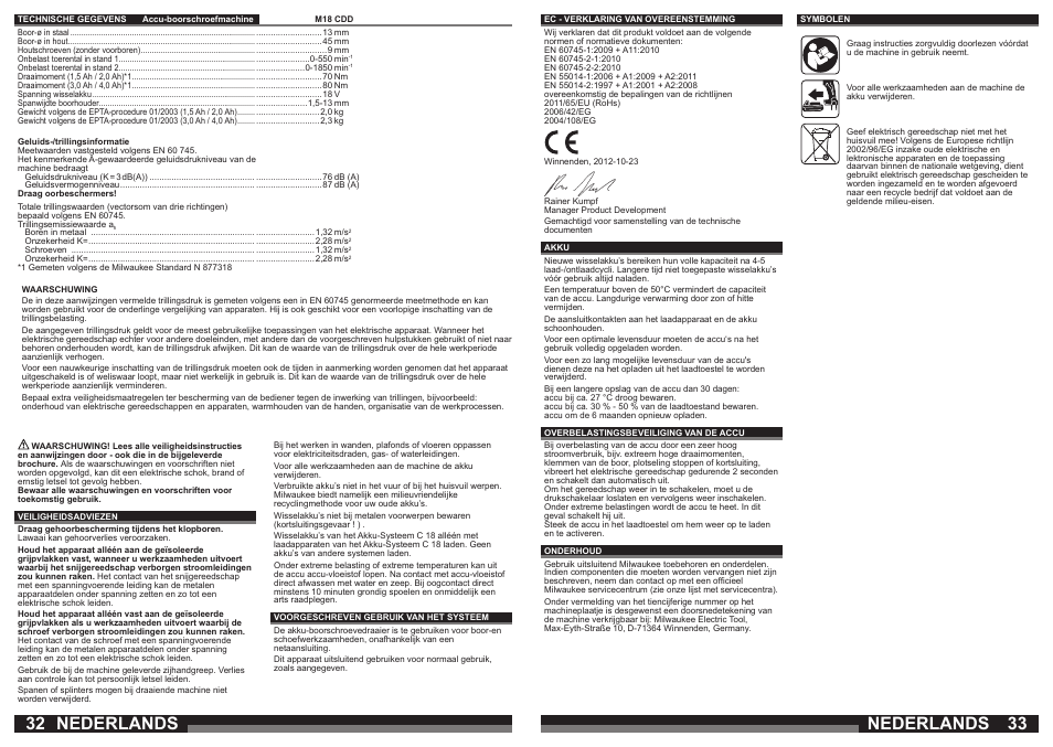 Nederlands | Milwaukee M18 CDD User Manual | Page 17 / 38