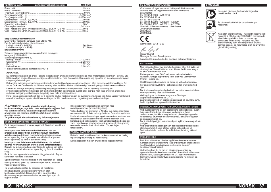 Norsk | Milwaukee M18 CDD User Manual | Page 19 / 38