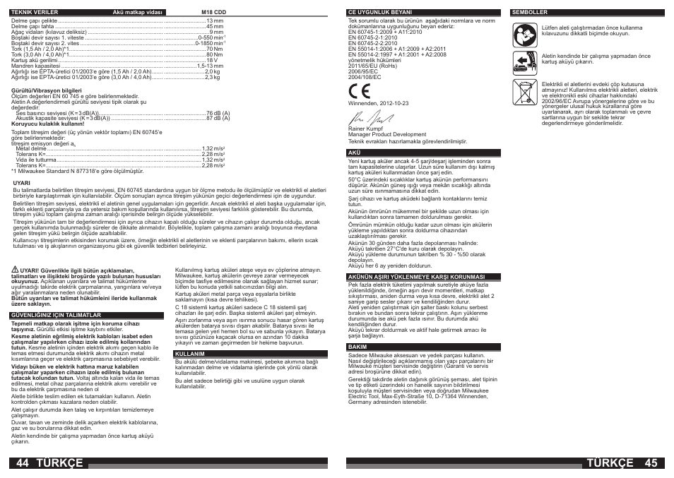 Türkçe | Milwaukee M18 CDD User Manual | Page 23 / 38