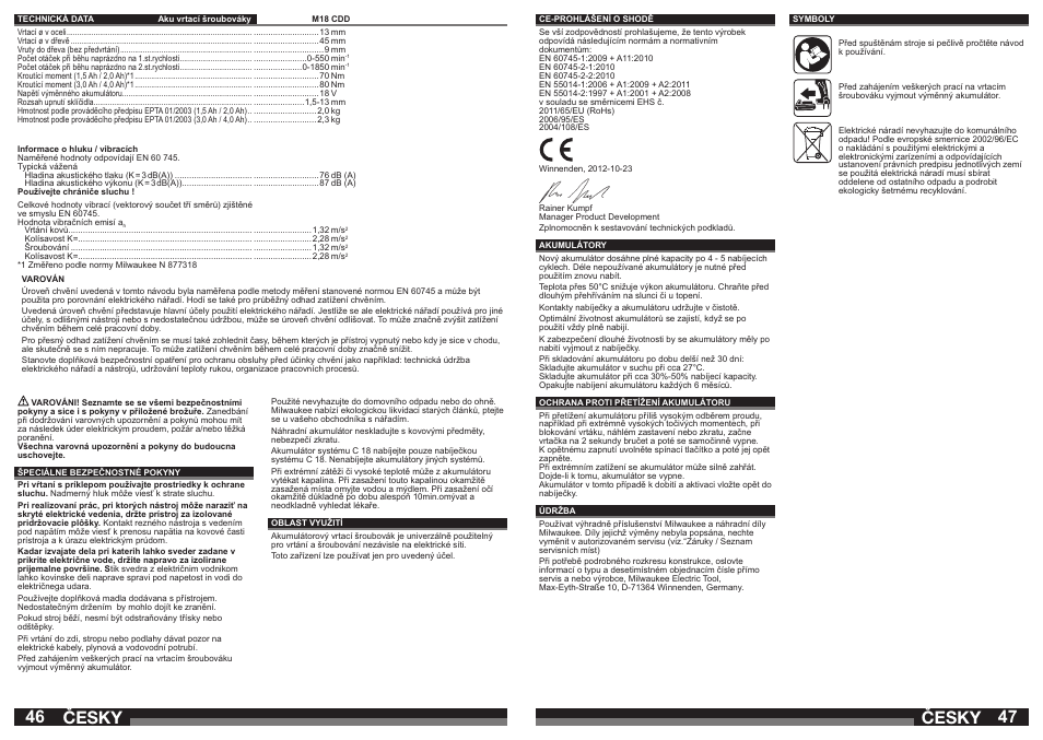 Česky | Milwaukee M18 CDD User Manual | Page 24 / 38