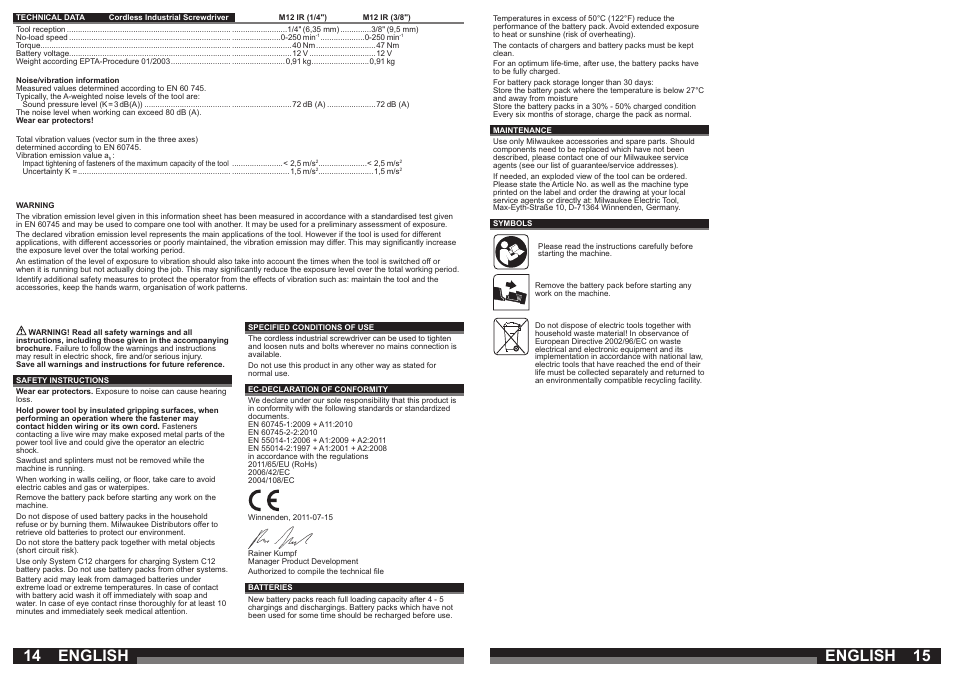 English | Milwaukee M12 IR User Manual | Page 8 / 35