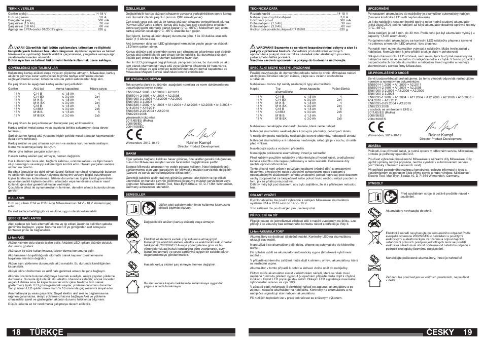 Česky, Türkçe | Milwaukee C 1418 C User Manual | Page 10 / 19
