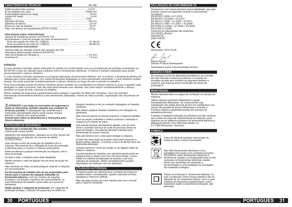 Portugues | Milwaukee PJ 710 User Manual | Page 16 / 37