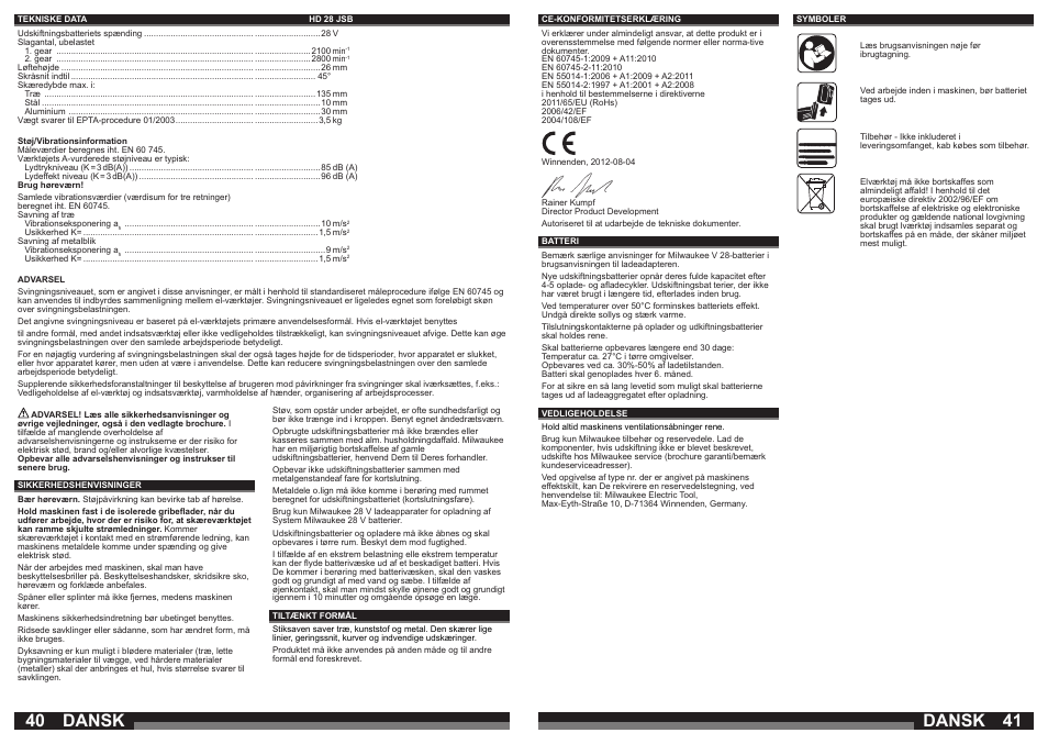 Dansk | Milwaukee HD28 JSB User Manual | Page 21 / 43