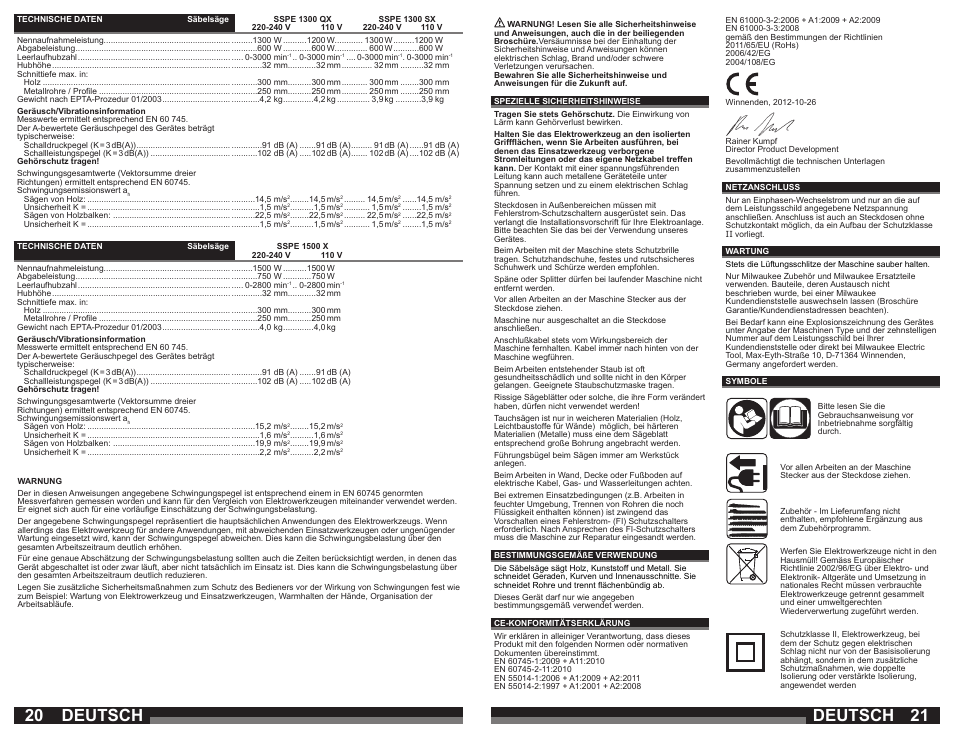 Deutsch | Milwaukee SSPE 1500 X User Manual | Page 11 / 37