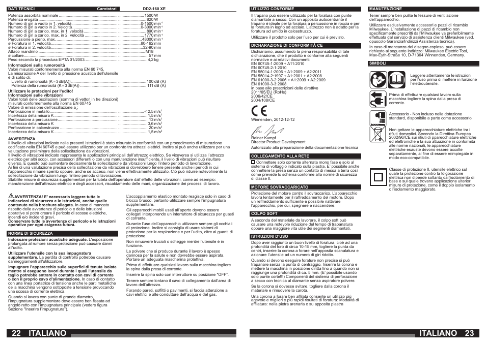 Italiano | Milwaukee DD2-160 XE User Manual | Page 12 / 37