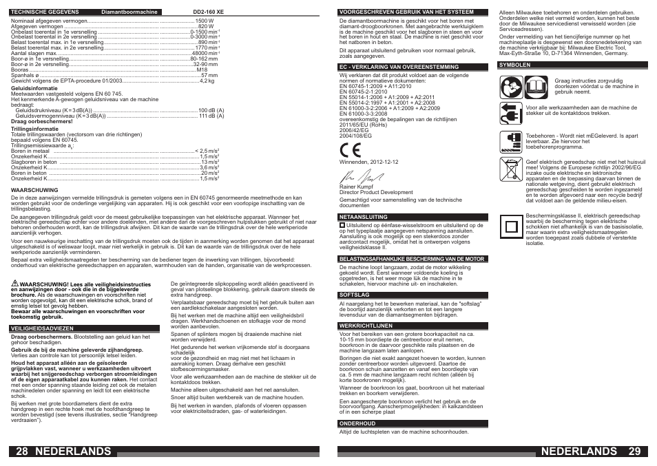 Nederlands | Milwaukee DD2-160 XE User Manual | Page 15 / 37