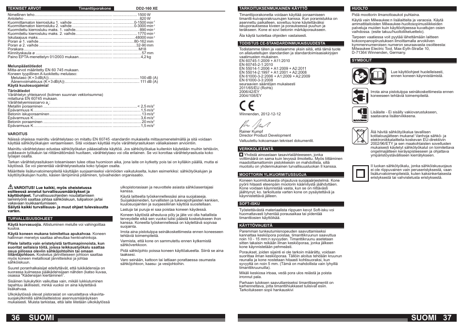 Suomi | Milwaukee DD2-160 XE User Manual | Page 19 / 37