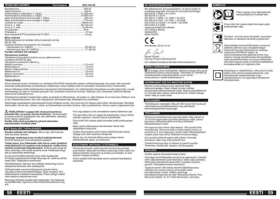 Eesti | Milwaukee DD2-160 XE User Manual | Page 30 / 37